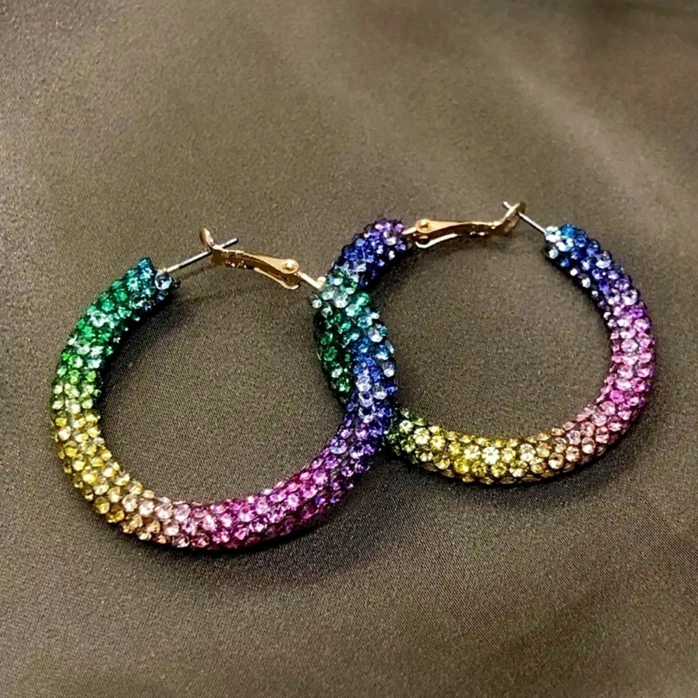Multicolor Rhinestone Hoop Earrings - Picture 3 of 6